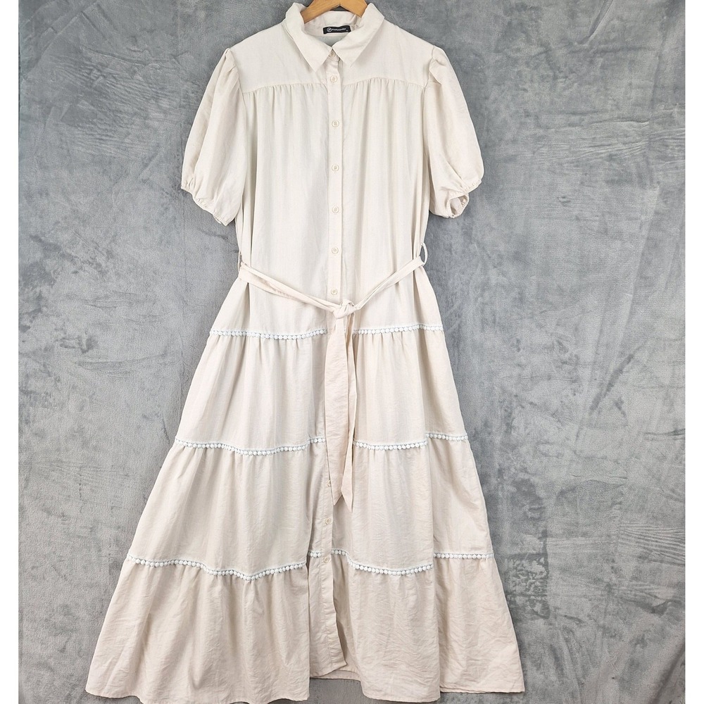 Womens Shirt Dress XL Boho Cottagecore Prairie Tiered Maxi Pockets Embroidered